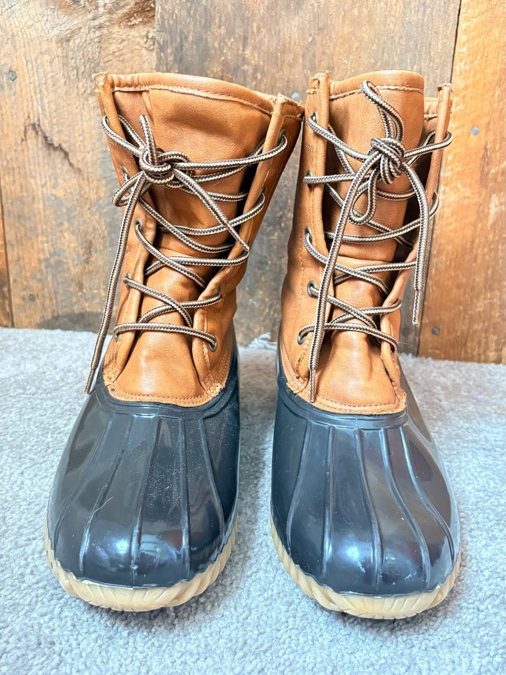 Women's Waterproof Lace-Up Winter Duck Boots in Tan and Black